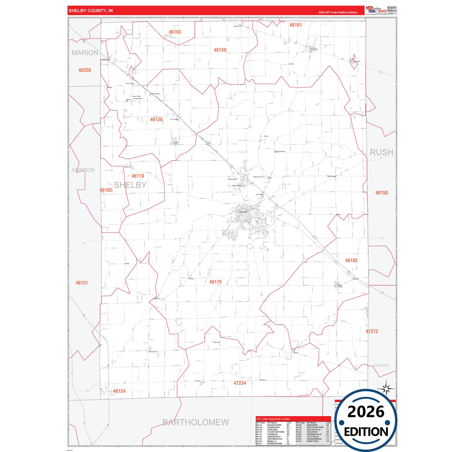 Shelby County, IN Red Line 5 Digit ZIP Code Wall Map