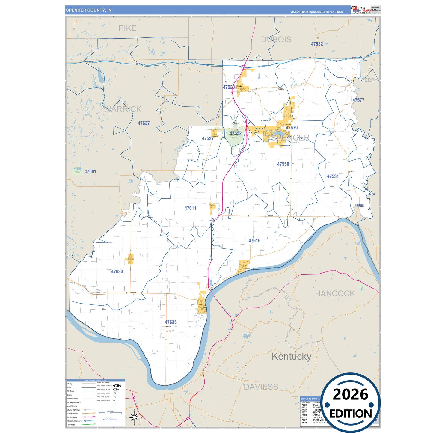 Spencer County, IN Business Reference 5 Digit ZIP Code Wall Map