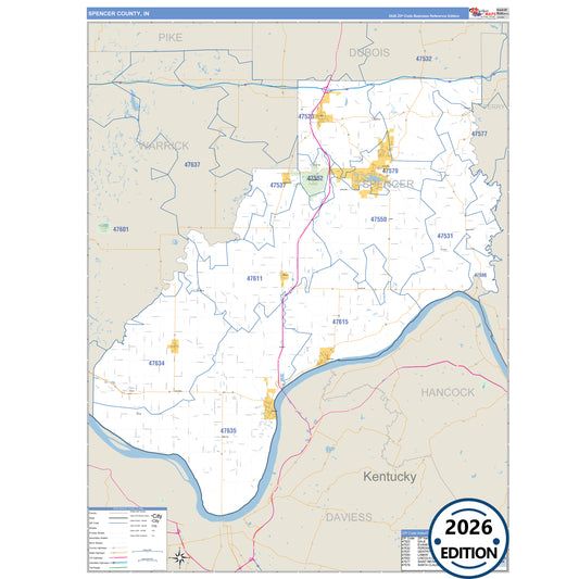 Spencer County, IN Business Reference 5 Digit ZIP Code Wall Map