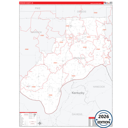 Spencer County, IN Red Line 5 Digit ZIP Code Wall Map