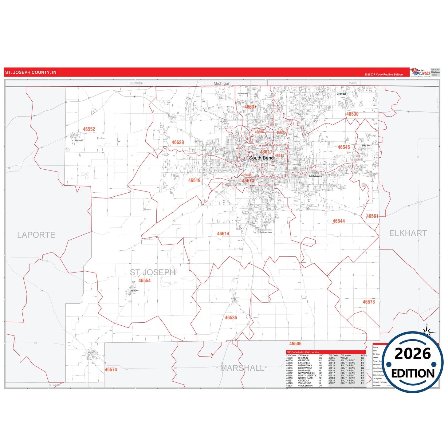 Steuben County, IN Red Line 5 Digit ZIP Code Wall Map