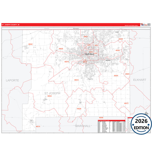 Steuben County, IN Red Line 5 Digit ZIP Code Wall Map