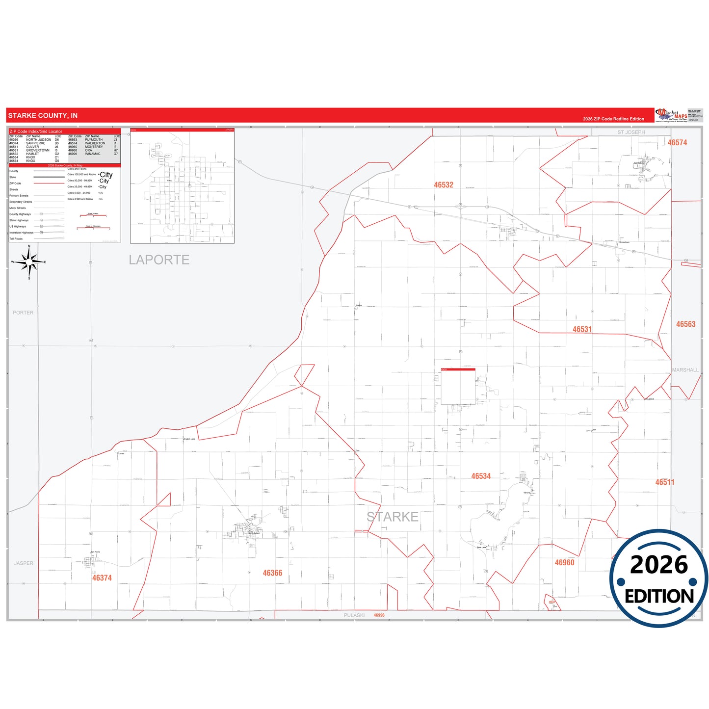 St. Joseph County, IN Red Line 5 Digit ZIP Code Wall Map