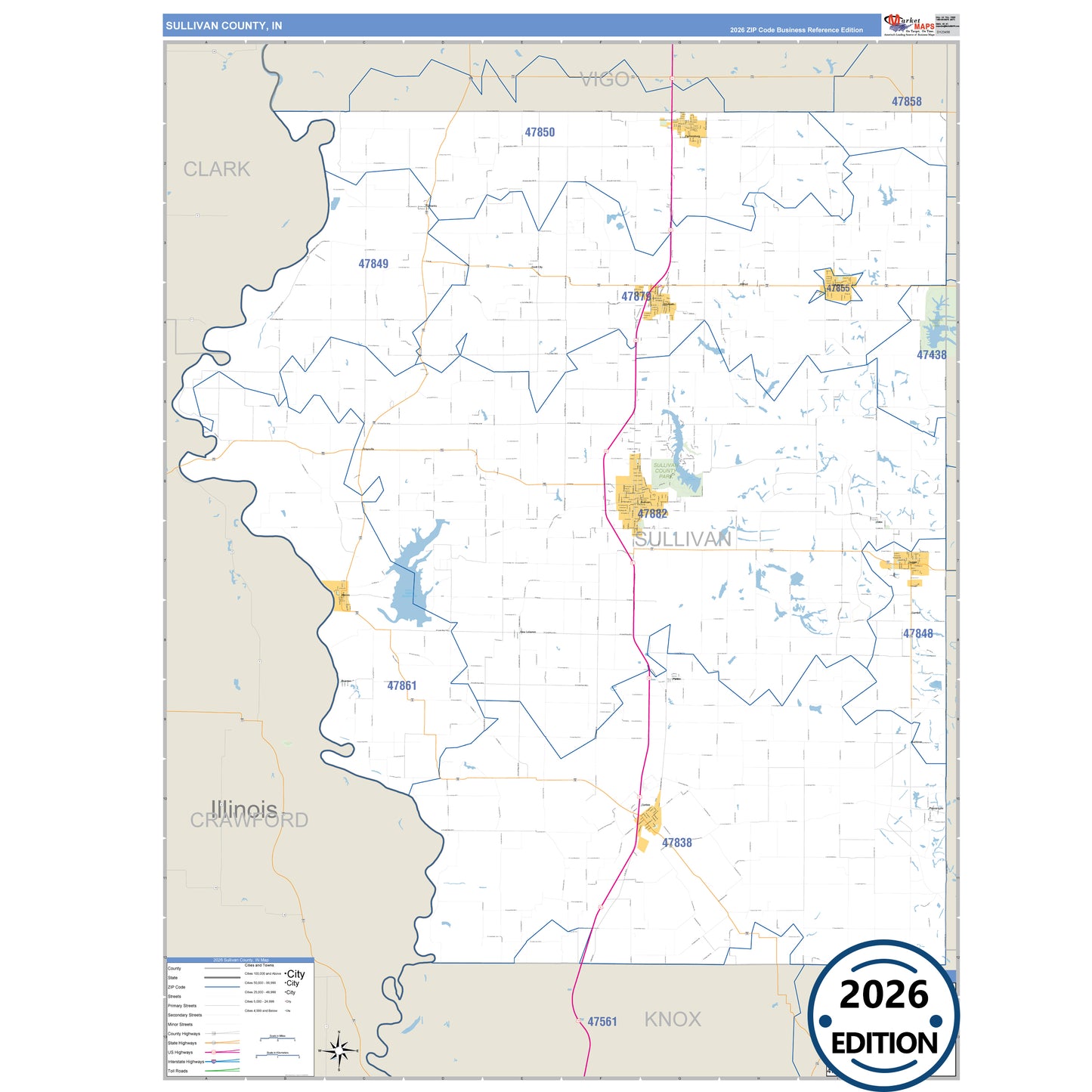 Sullivan County, IN Business Reference 5 Digit ZIP Code Wall Map