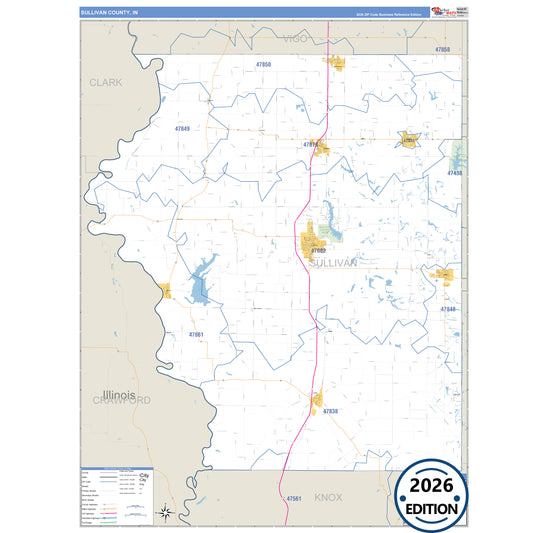 Sullivan County, IN Business Reference 5 Digit ZIP Code Wall Map
