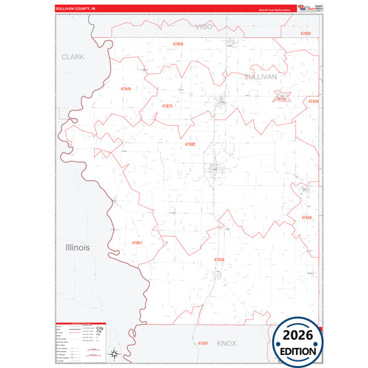 Sullivan County, IN Red Line 5 Digit ZIP Code Wall Map