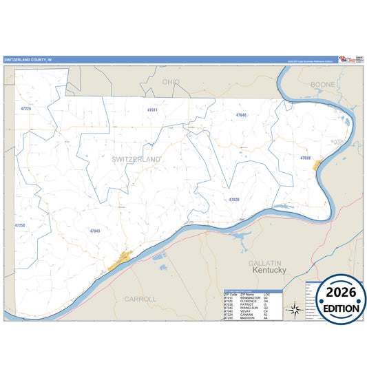 Switzerland County, IN Business Reference 5 Digit ZIP Code Wall Map