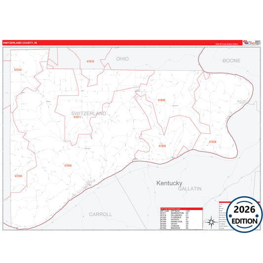 Switzerland County, IN Red Line 5 Digit ZIP Code Wall Map