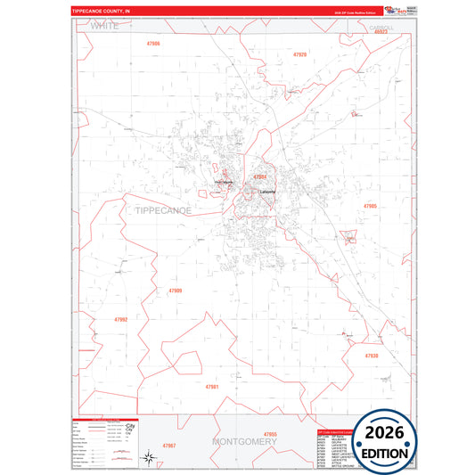 Tippecanoe County, IN Red Line 5 Digit ZIP Code Wall Map