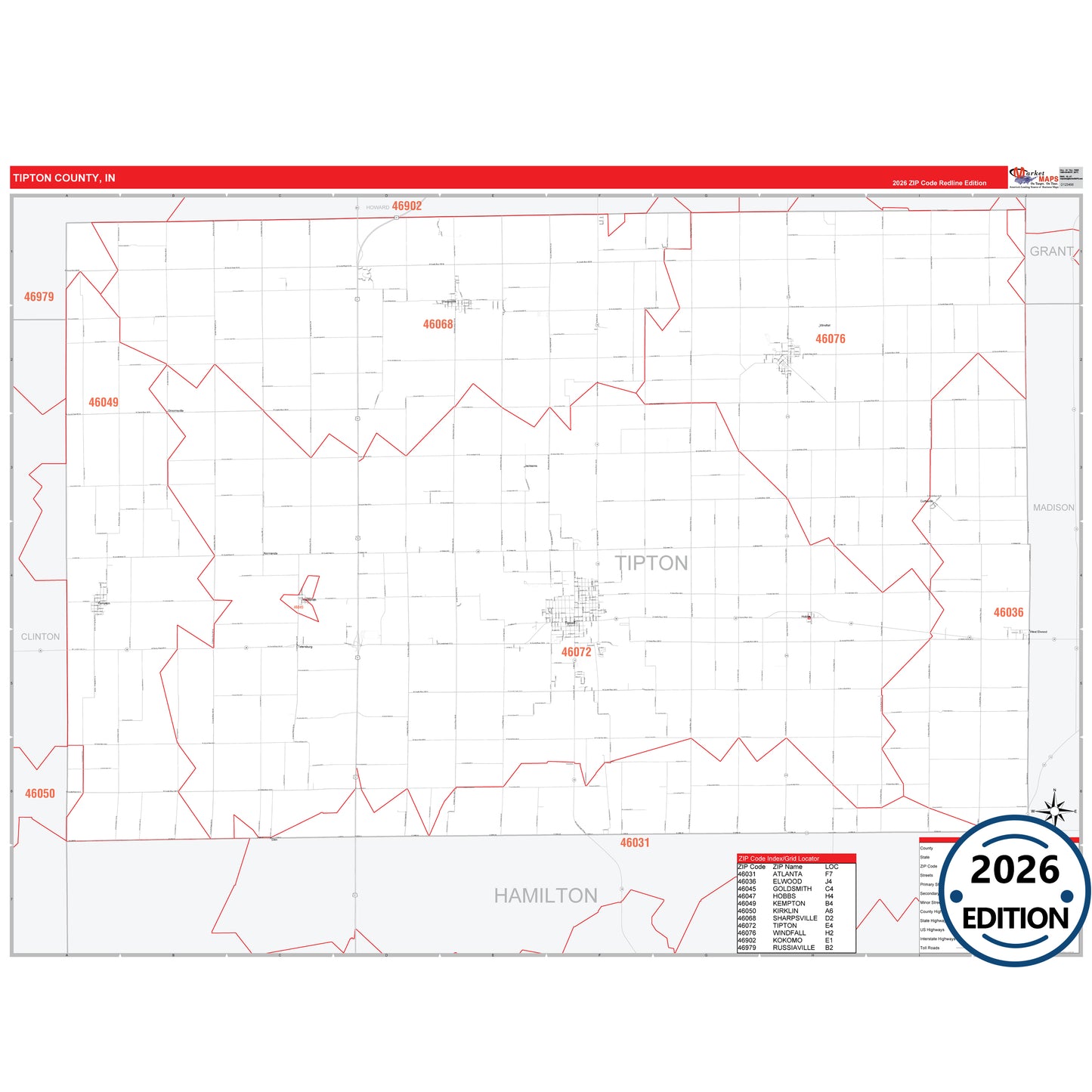 Tipton County, IN Red Line 5 Digit ZIP Code Wall Map