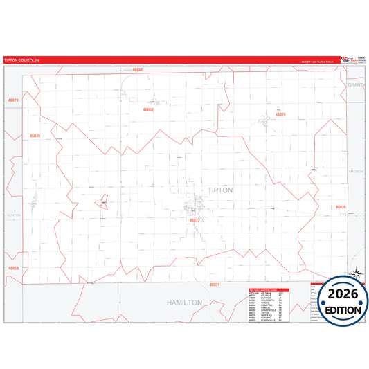 Tipton County, IN Red Line 5 Digit ZIP Code Wall Map