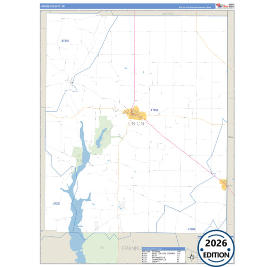 Union County, IN Business Reference 5 Digit ZIP Code Wall Map