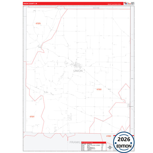 Union County, IN Red Line 5 Digit ZIP Code Wall Map