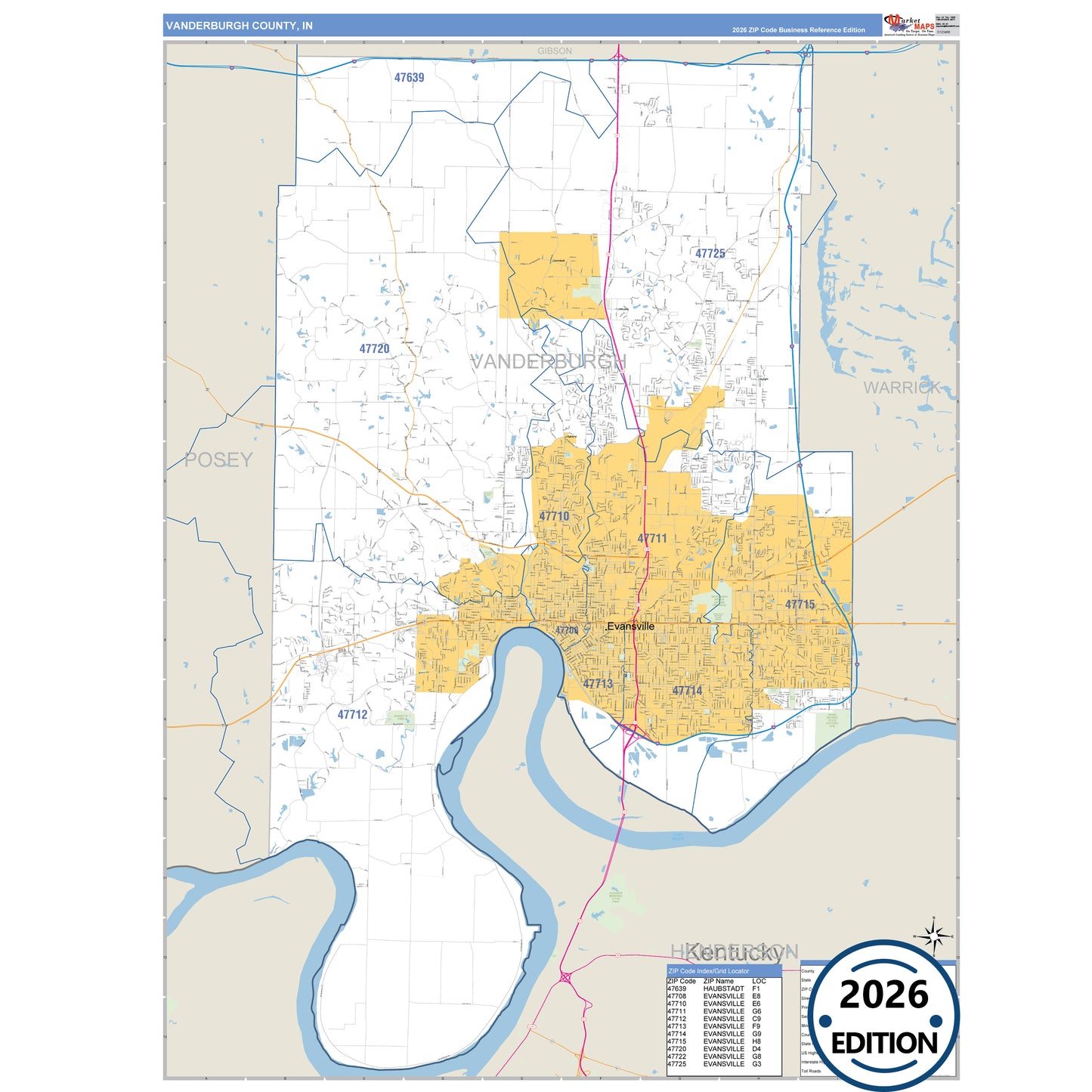 Vanderburgh County, IN Business Reference 5 Digit ZIP Code Wall Map