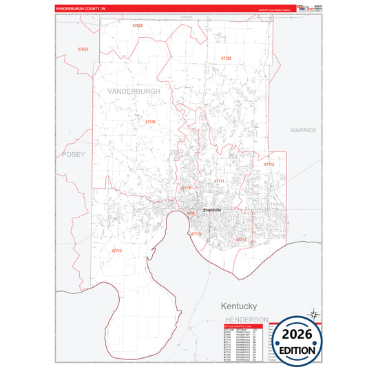 Vanderburgh County, IN Red Line 5 Digit ZIP Code Wall Map