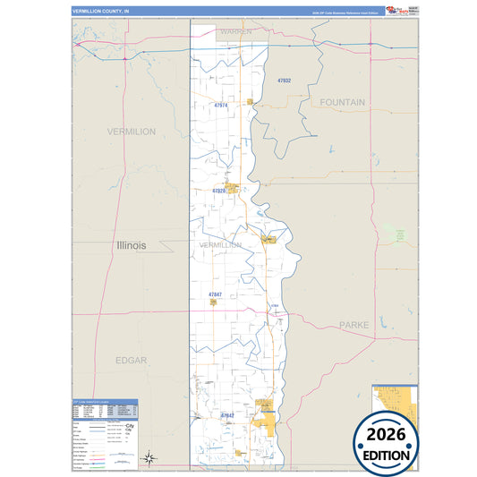 Vermillion County, IN Business Reference 5 Digit ZIP Code Wall Map