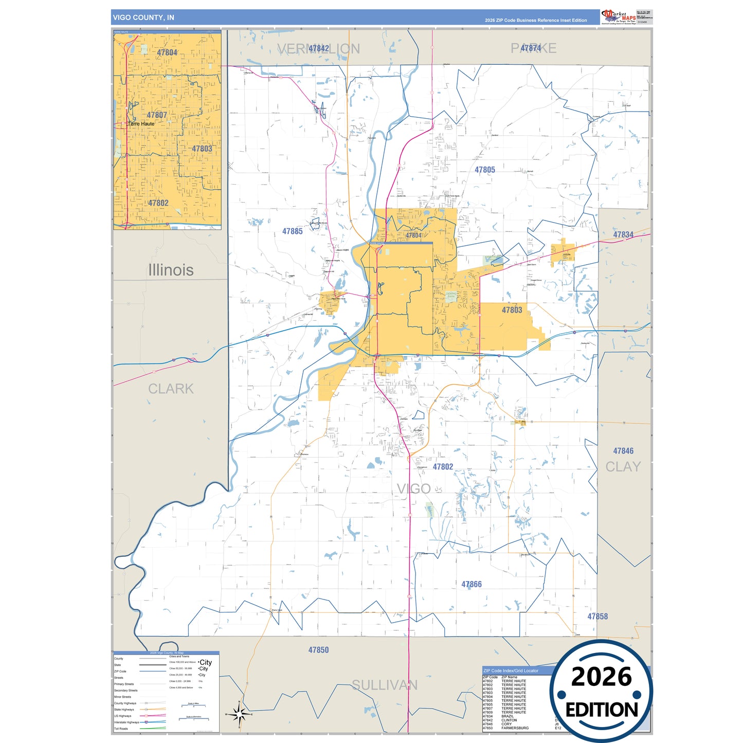 Vigo County, IN Business Reference 5 Digit ZIP Code Wall Map