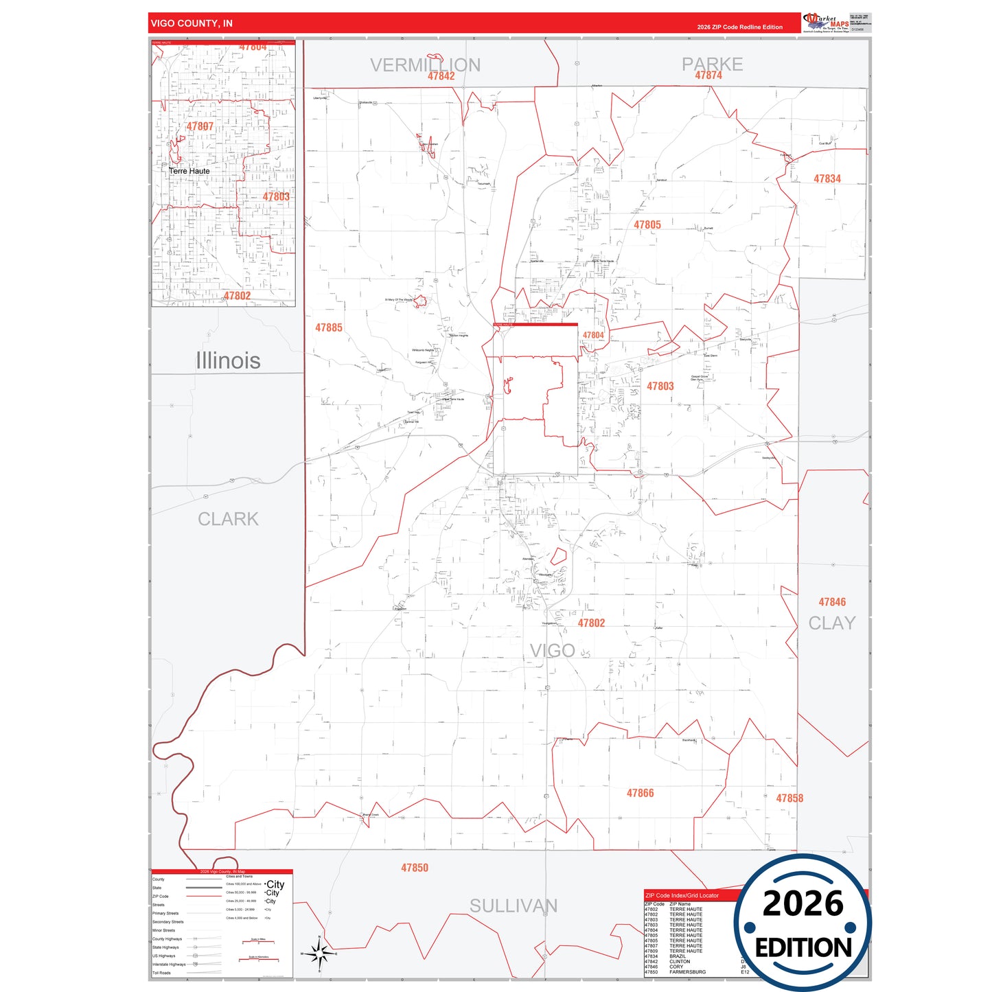 Vigo County, IN Red Line 5 Digit ZIP Code Wall Map