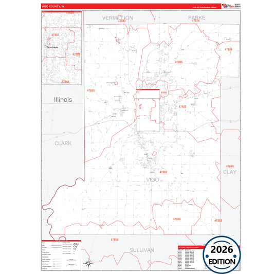Vigo County, IN Red Line 5 Digit ZIP Code Wall Map