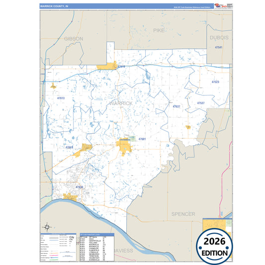 Warrick County, IN Business Reference 5 Digit ZIP Code Wall Map
