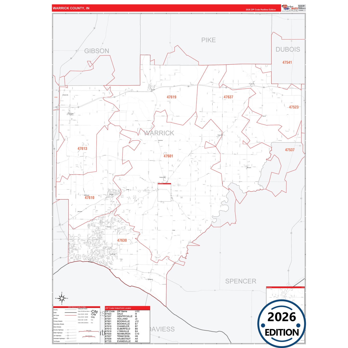 Warrick County, IN Red Line 5 Digit ZIP Code Wall Map
