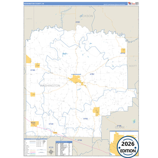 Washington County, IN Business Reference 5 Digit ZIP Code Wall Map
