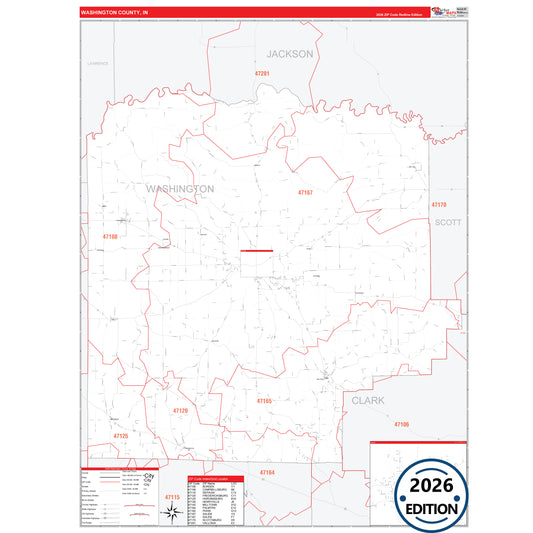 Washington County, IN Red Line 5 Digit ZIP Code Wall Map