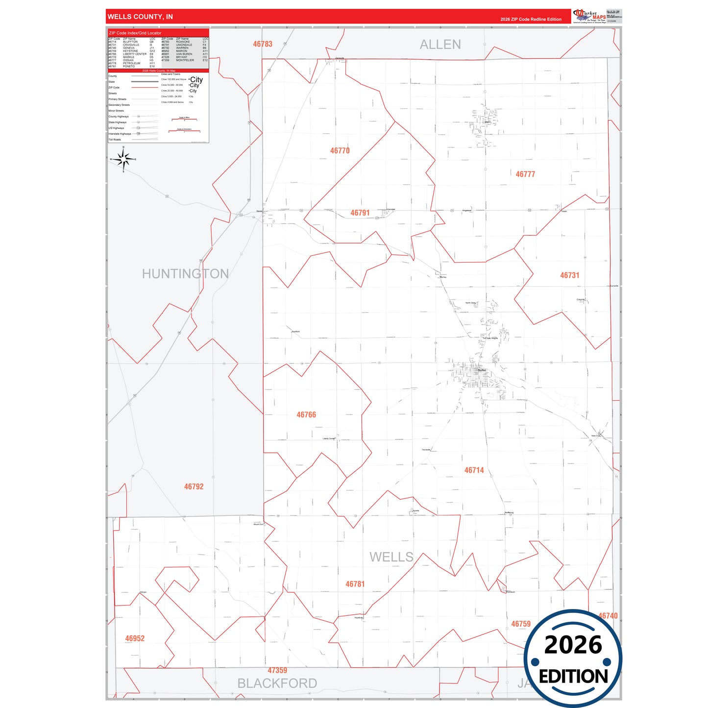 Wells County, IN Red Line 5 Digit ZIP Code Wall Map