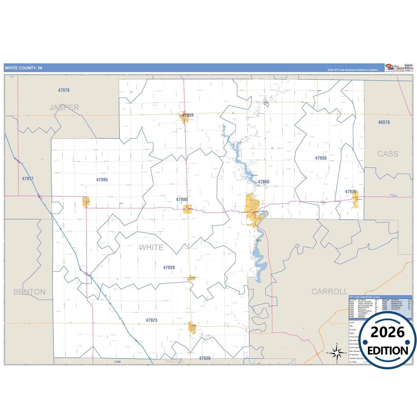 White County, IN Business Reference 5 Digit ZIP Code Wall Map