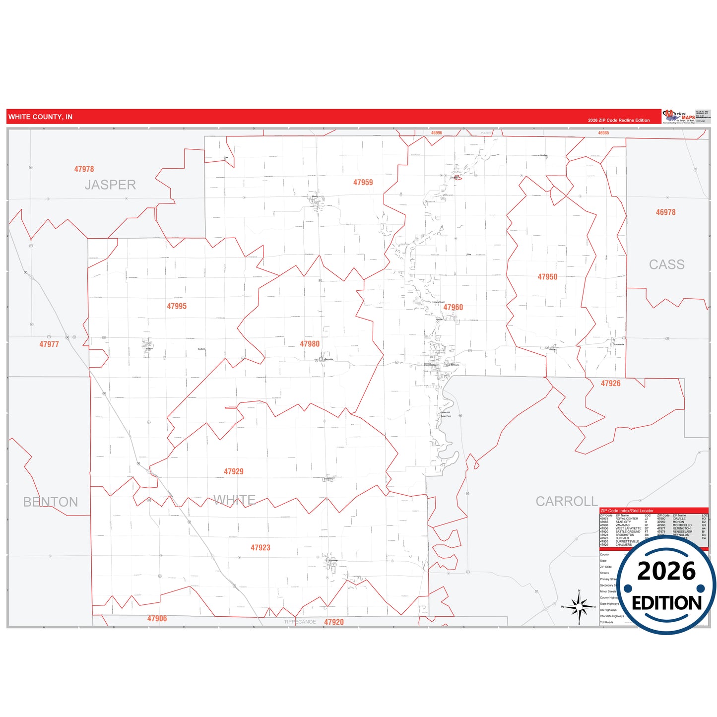 White County, IN Red Line 5 Digit ZIP Code Wall Map