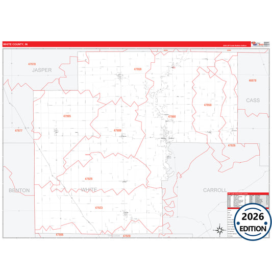 White County, IN Red Line 5 Digit ZIP Code Wall Map