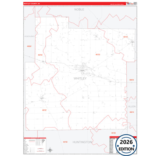 Whitley County, IN Red Line 5 Digit ZIP Code Wall Map