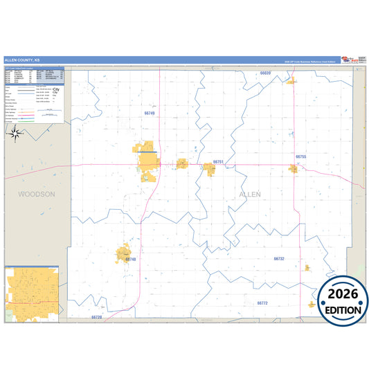 Allen County, KS Business Reference 5 Digit ZIP Code Wall Map