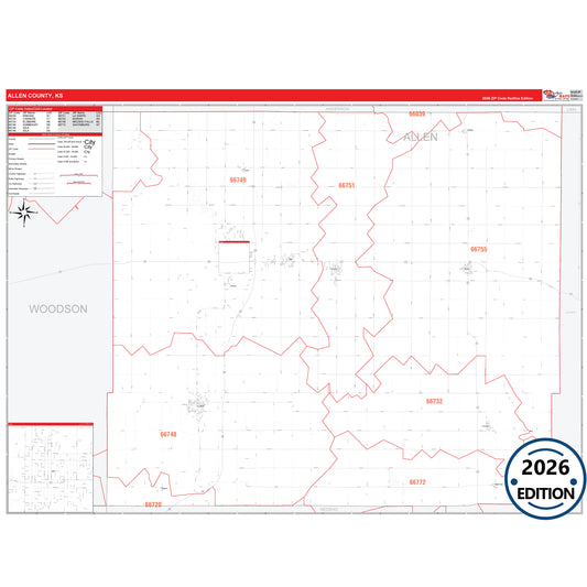 Allen County, KS Red Line 5 Digit ZIP Code Wall Map