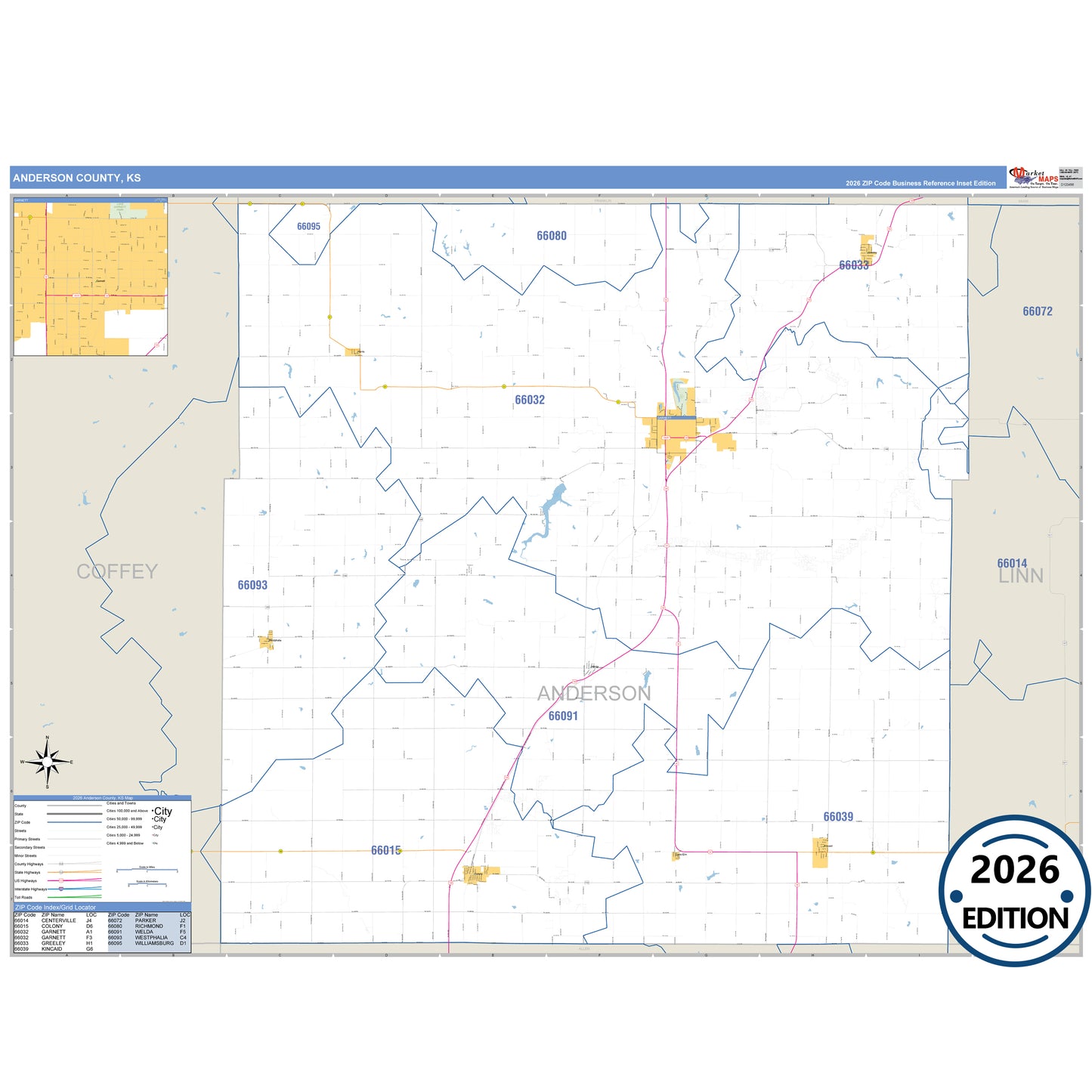 Anderson County, KS Business Reference 5 Digit ZIP Code Wall Map