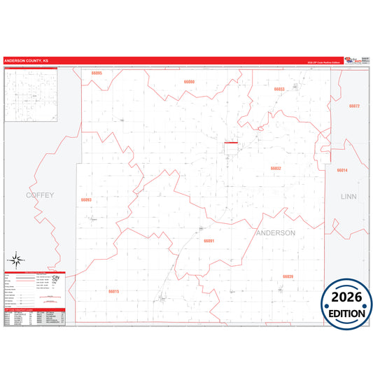Anderson County, KS Red Line 5 Digit ZIP Code Wall Map