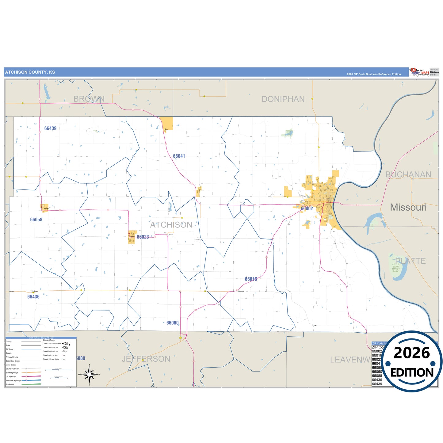 Atchison County, KS Business Reference 5 Digit ZIP Code Wall Map