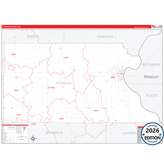 Atchison County, KS Red Line 5 Digit ZIP Code Wall Map