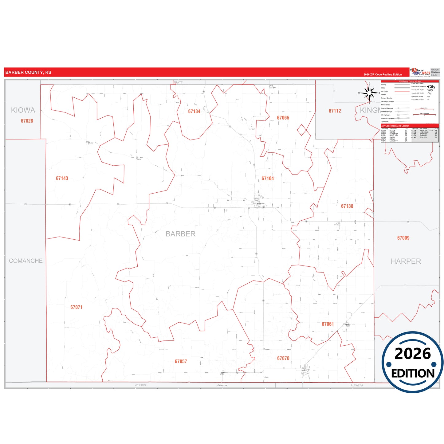 Barber County, KS Red Line 5 Digit ZIP Code Wall Map