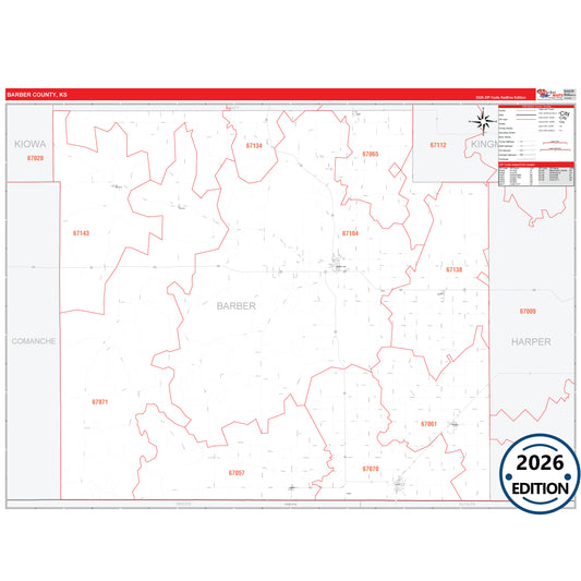 Barber County, KS Red Line 5 Digit ZIP Code Wall Map