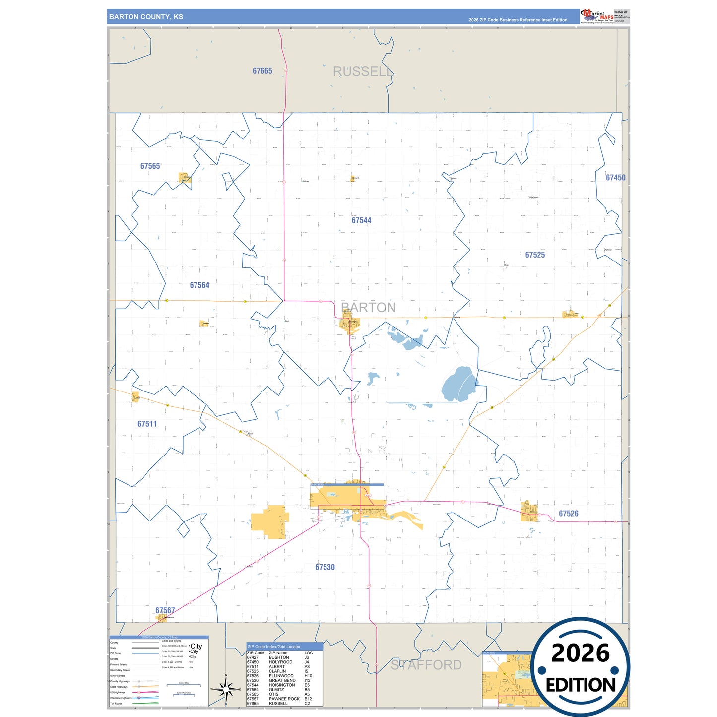 Barton County, KS Business Reference 5 Digit ZIP Code Wall Map