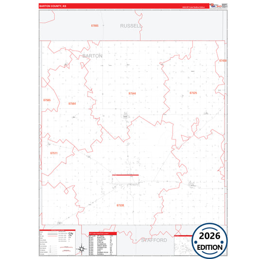 Barton County, KS Red Line 5 Digit ZIP Code Wall Map