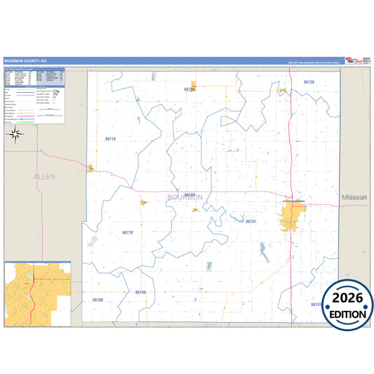 Bourbon County, KS Business Reference 5 Digit ZIP Code Wall Map
