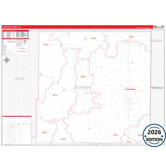 Bourbon County, KS Red Line 5 Digit ZIP Code Wall Map