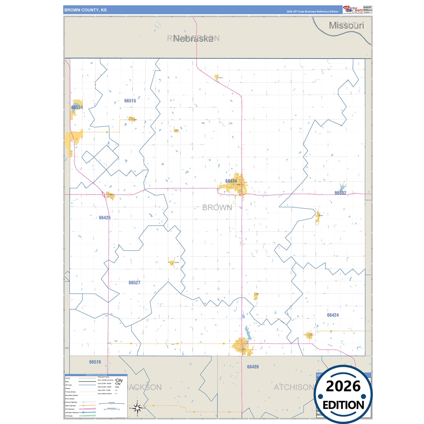 Brown County, KS Business Reference 5 Digit ZIP Code Wall Map