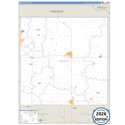 Brown County, KS Business Reference 5 Digit ZIP Code Wall Map