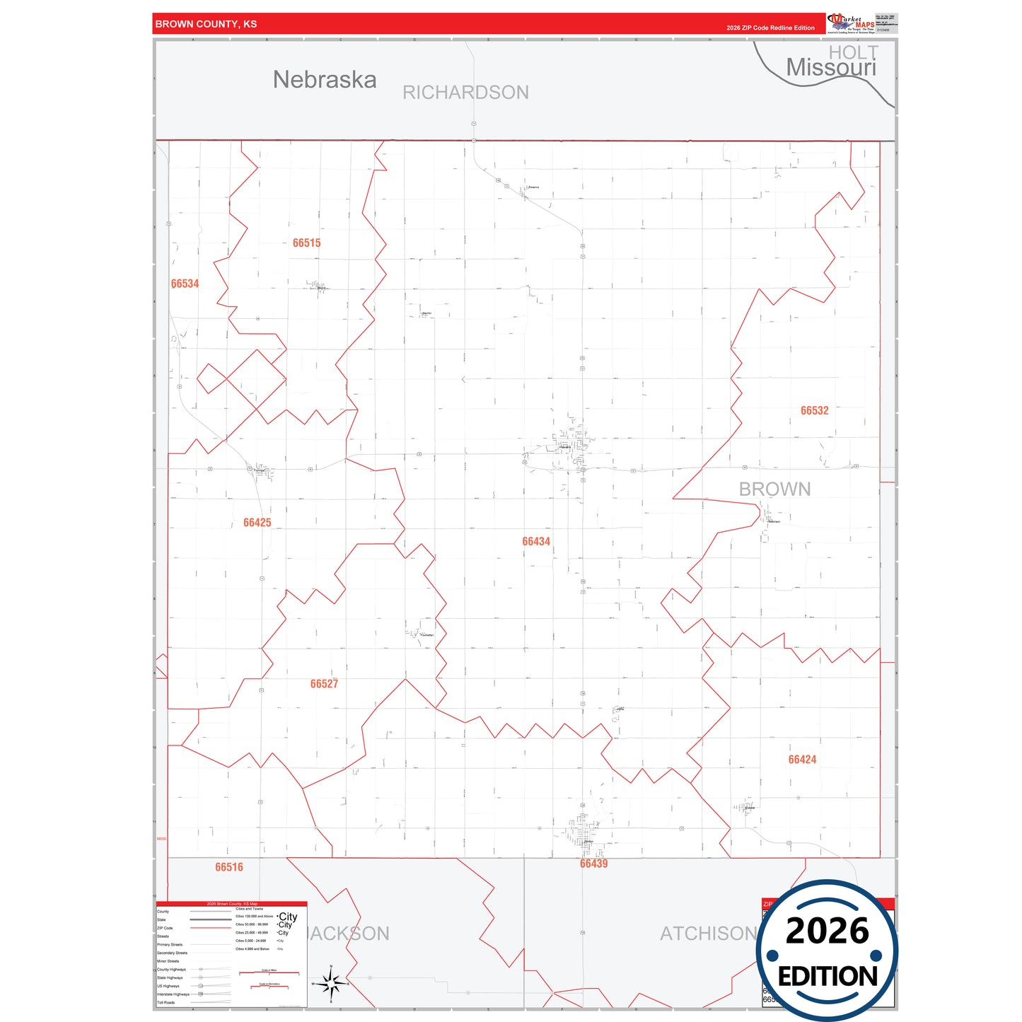 Brown County, KS Red Line 5 Digit ZIP Code Wall Map