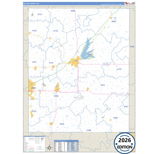Butler County, KS Business Reference 5 Digit ZIP Code Wall Map