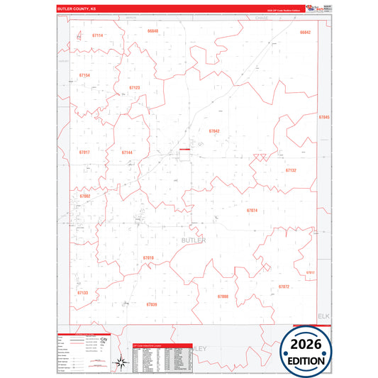 Butler County, KS Red Line 5 Digit ZIP Code Wall Map