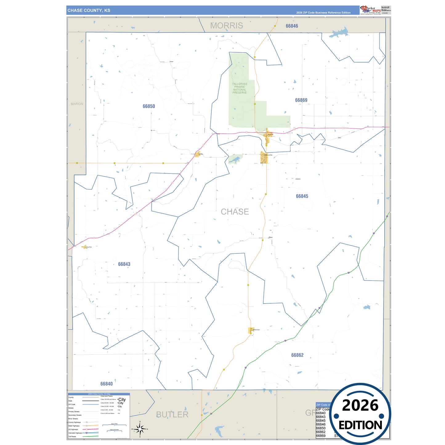 Chase County, KS Business Reference 5 Digit ZIP Code Wall Map